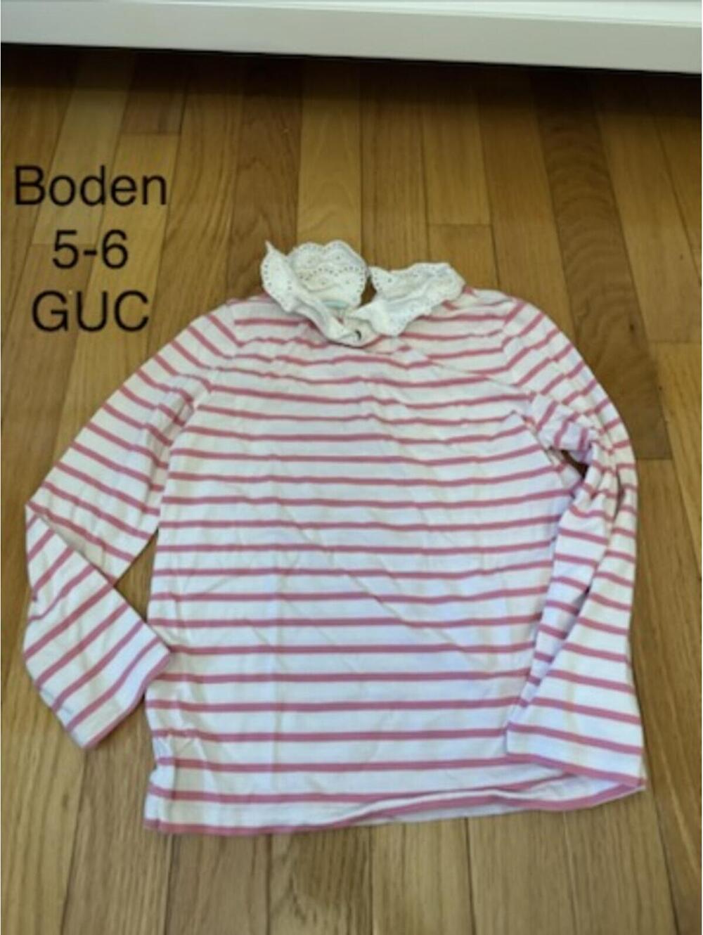 Boden Girls' Long Sleeve Striped Top with Lace Collar, Size 5-6